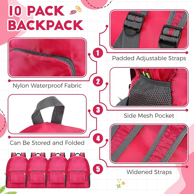 Jexine 10 Pcs Backpacks Bulk 16.5 Inches Lightweight Travel,Rose Red | Basic Book Bags for School Outdoor, Foldable Storage, Ideal Students Adults Commuters, Bulk Backpack Set for Teams