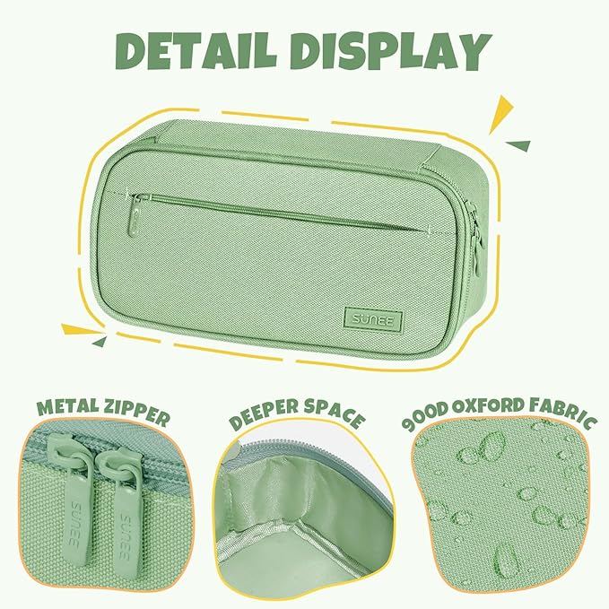 SUNEE Cute Pencil Case, Large Capacity Pencil Pouch, Big Storage Organizer for Stationery, Zipper Pen Bag, Back to School Supplies, Office Organizer Makeup Bag, for Teen Girl Boy Men Women, Green