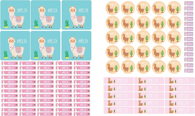 Andaz Press Custom Personalized Waterproof School Name Labels, Llama, 120-Pack, Kids Labels Combo Pack, Customizable Multi-Use Name Stickers for Preschool, Daycare, Supplies, Office, Camping