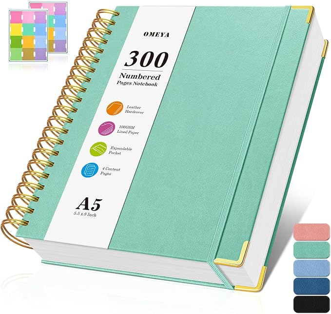 Spiral Notebook, 300 Numbered Pages Notebooks College Ruled with Contens, 100GSM Thick Journal for Women Men, Hardcover Leather Lined Journal for Writing, Large A5 Journaling Notebooks for Work School