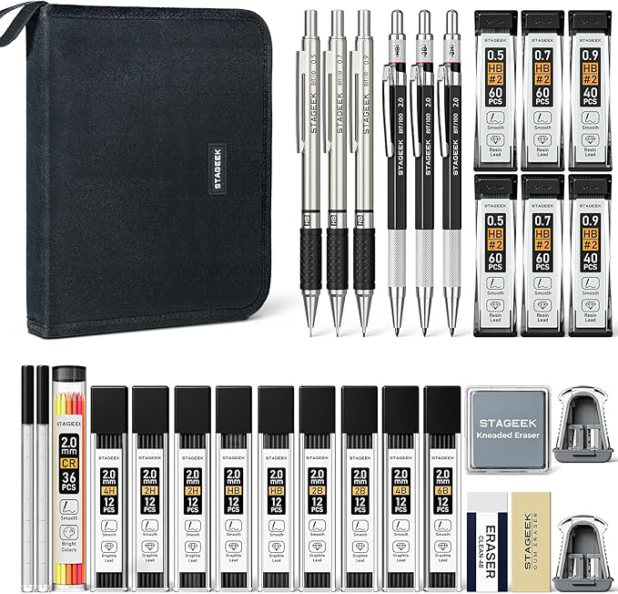 STAGEEK Drawing Pencil Set with Canvas Bag 30 Count, Mechanical Pencils 0.5, 0.7, 0.9MM & 3PCS 2MM Sketch Pencils with 464PCS Lead Refills (6B 4B 2B HB 2H 4H Color) for Artist Drafting Drawing