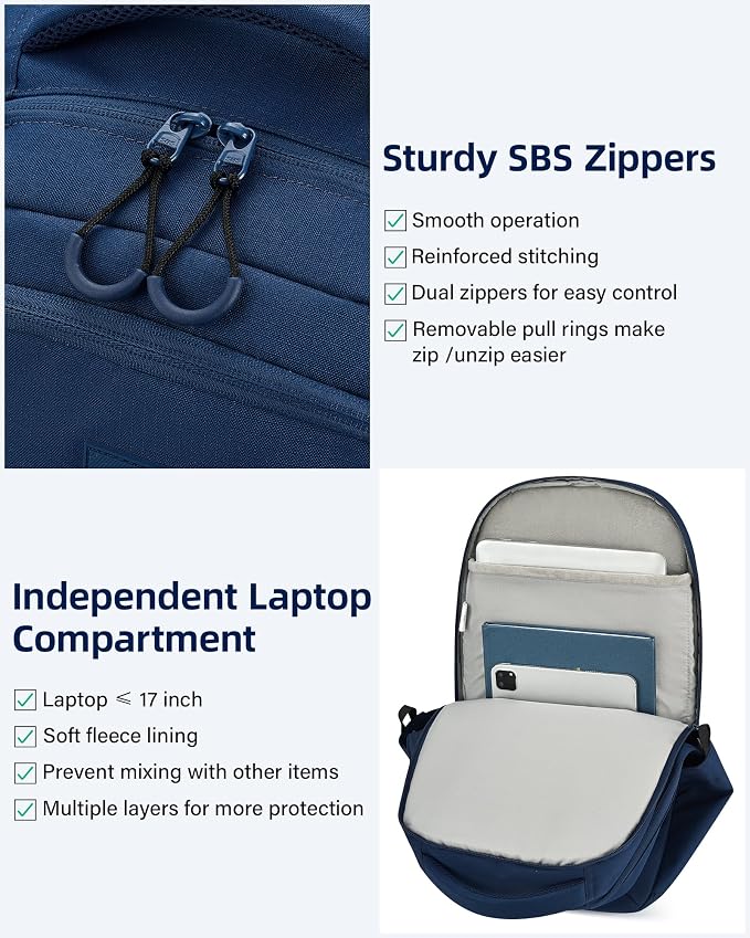 HanTrip 18 Inch Carry on Travel Backpack with Lots of Pockets, Navy Blue | 17 Inch Laptop Sleeve, Luggage Sleeve, Water Bottle Pocket, 30 Liter, Chest Strap, Water Resistant, 18x14x8 Medium Bookbag