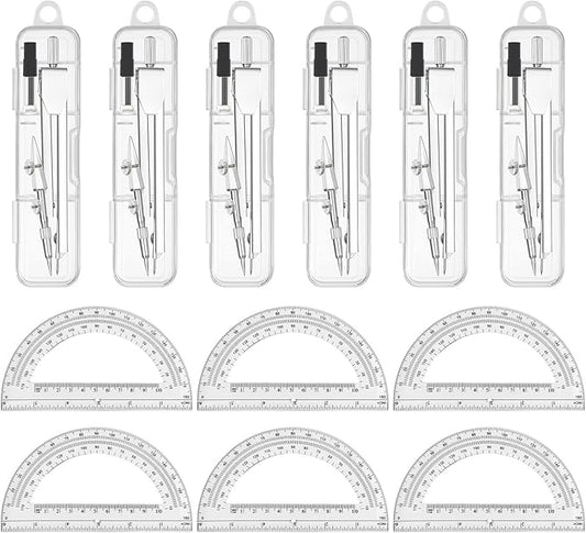 6 Sets Compass and Protractor Sets Student Basics Geometry Math Set Metal Compass and 6 Inch 180 Degree Protractors Geometry Graphing Drawing Tools for Office and School Supplies(Clear)