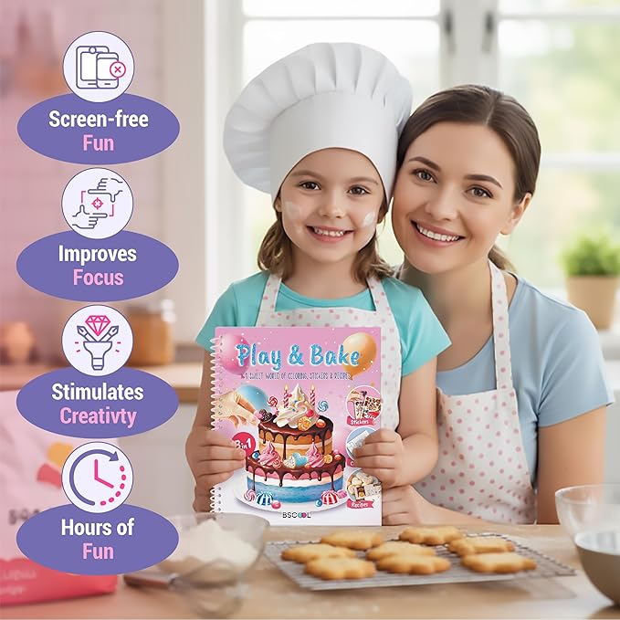 BSCOOL - Drawing, Coloring & Activity Book: Play and Bake with Stickers, Guides and Recipes. Dress Up Your Cake Design for Kids 5 and Up.Gift for Girls