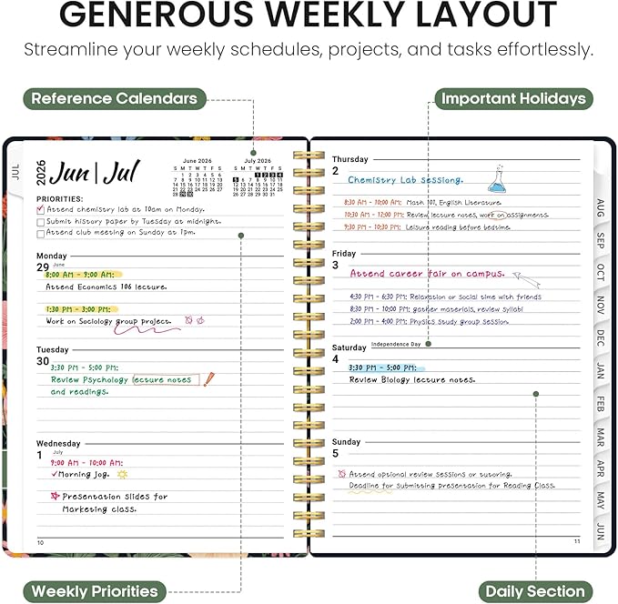 Planner 2026-2027, Academic Year Monthly and Weekly Calendar Planner, Jul 2026 - Jun 2027, Hardcover Teacher Student Planning Agenda book with Tabs, Perfect for School Office Supplies, 6.3" x 8.5" - Garden Bird