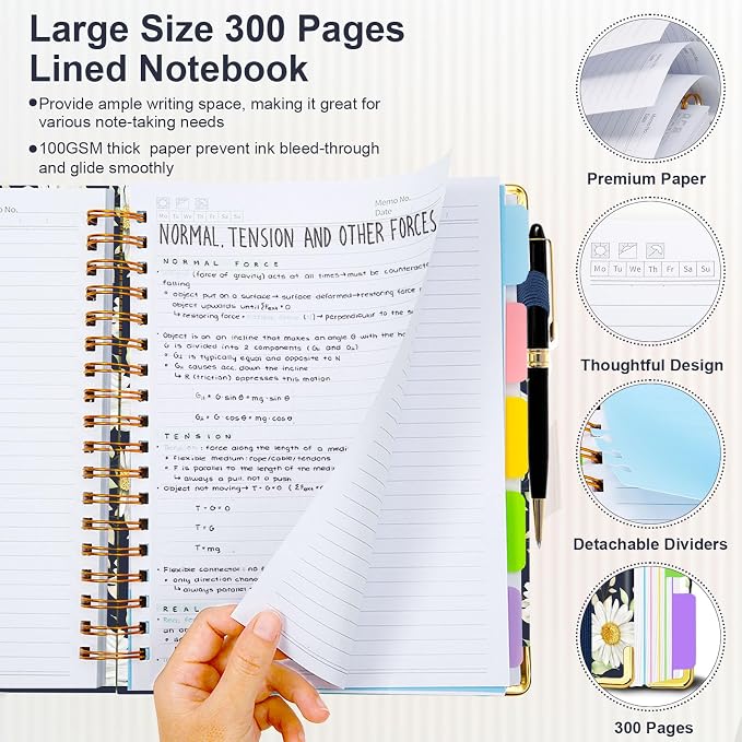 Spiral Journal Notebooks for Work, 300 Pages 5 Subject Notebook College Ruled with Dividers & Tabs, Notebook Journal for Women Students Note-Taking and Organizer (White Daisy, 8.5''x 11'')