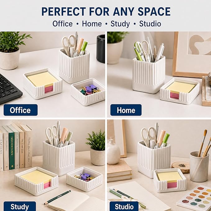 Desk Organizer Set of 3 for Office Accessories - Includes Pen Holder, Paperclip Storage, and Sticky Note Holder - Aesthetic Concrete Desktop Accessories for Women or Men, Office Decor (White)