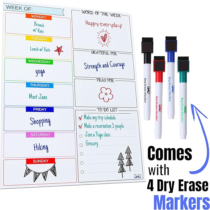 Mr. Pen- Magnetic Weekly Dry Erase Planner for Fridge, 12x15 Inches, Dry Erase Whiteboard Fridge Calendar with 4 Markers & Large Writing Space for Schedules, Chores, Meal Planning & Family To-Do List