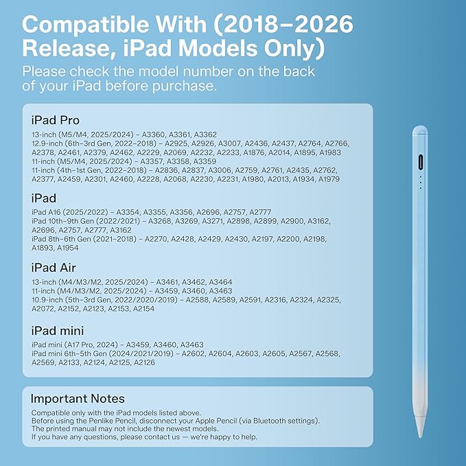 Stylus Pen for iPad 2018-2026, 2X Fast Charge Active Pencil with Tilt Sensitivity & Palm Rejection, iPad 11/10/9/8/7/6/A16, Air M4/M3/M2, Pro M5/M4, Mini 7/6/5 (Blue)