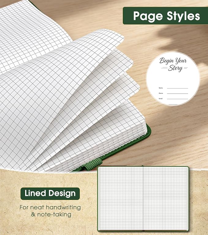 A5 Leather Hardcover Graph Paper Notebook, 160 Pages (5 Squares/Inch), 180° Lay-Flat Binding, 100 GSM Thick Paper, for Math, Engineering, Students & Technical Work (Green)
