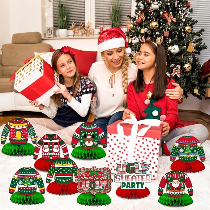 Christmas Ugly Sweater Party Decorations Honeycomb Centerpiece,9Pcs Ugly Sweater Centerpieces for Tables,3D Xmas Table Topper Xmas Table Centerpieces for Merry Christmas Holidays Decoration