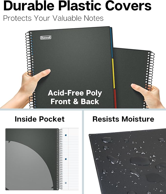Dunwell 3-Subject Notebook College Ruled 8.5 x 11 (Black), 150 Sheets (300 Pages), Spiral Notebook 8.5x11 with Tabs, Movable Dividers, Storage Pockets, Protective Plastic Covers