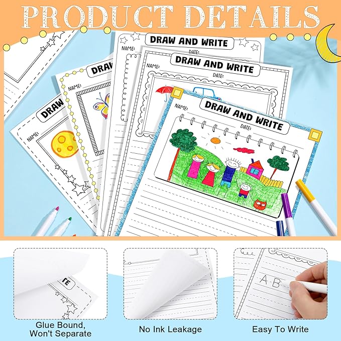 Motiskyy 100 Sheets Kindergarten Draw and Write Paper with Picture Space and Lines for Kids Abc 8.3 x 11.7 Inches Story Paper Bulk for Handwriting Practice Primary Creating Write Beginner School