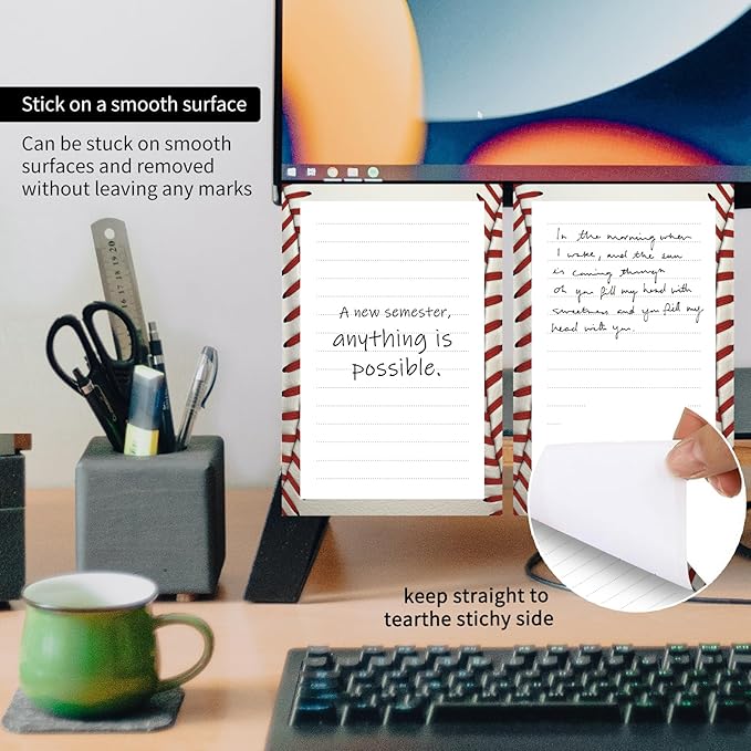 2 Pack Lined Sticky Notes 4x6 in, Cute Self-Stick Notepads with Lines, Large Memo Pads Strong Adhesive for Office, Home Cute Baseball Pattern