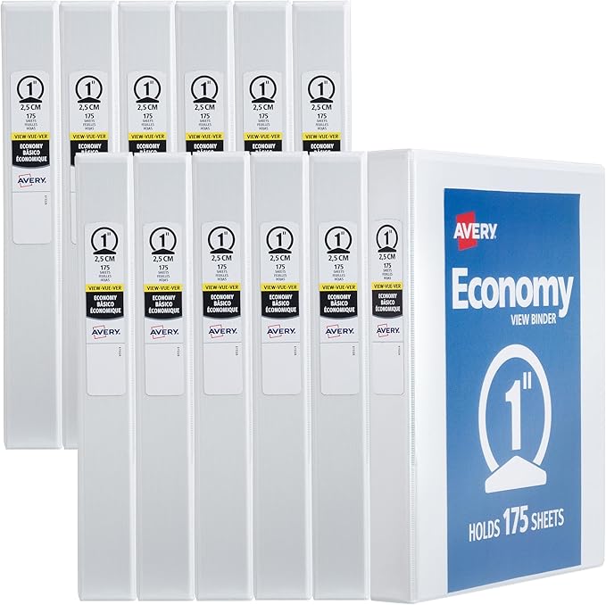 Avery Standard View 3 Ring Binders, 1" Round Rings, 175-Sheet Capacity, 1.4 Inch Wide Spine, White Binders, Ideal for Lightweight Organization and Occasional Referencing (12-Pack of 05711)