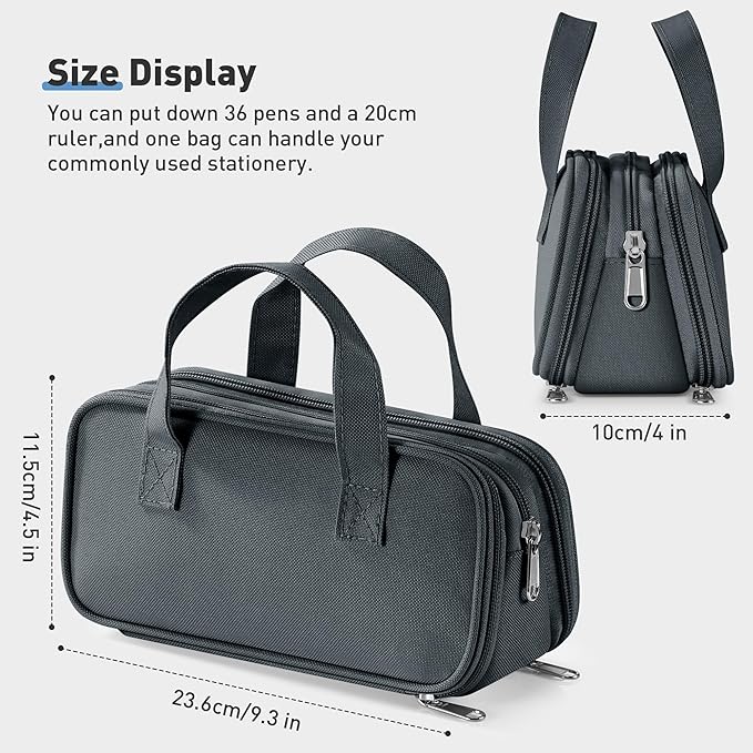 Zannaki Large Pencil Case, Big Capacity Pencil Pouch Pen Bag with 3 Compartment, Portable Canvas Stationery Organizer with Zipper, Cute Aesthetic School Supplies for Teen Girls Boys College,Gray