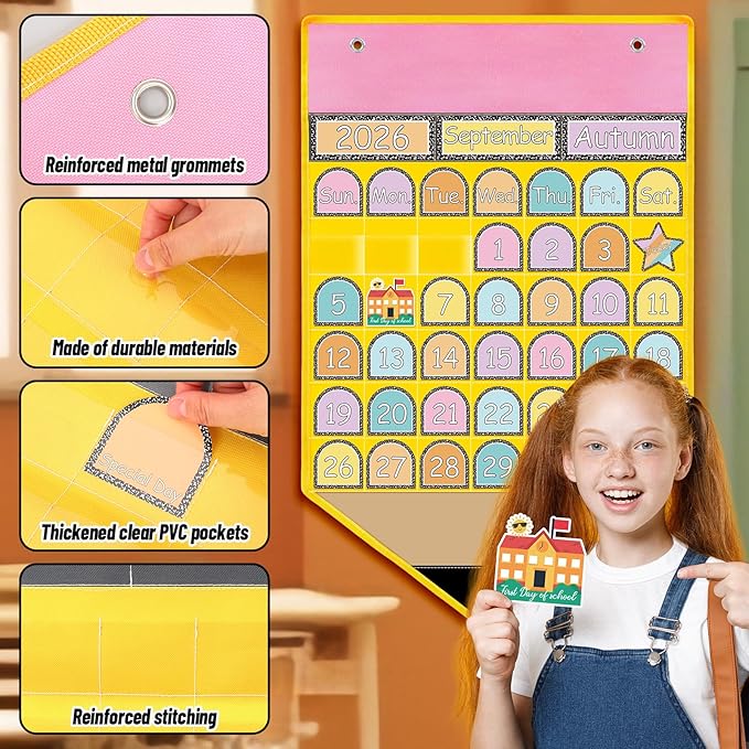 AnyDesign Pencil Calendar Pocket Chart with 80 Reusable Back to School Cards Learning Circle Time Calendar Classroom Daily Schedule Pocket Chart for Homeschool Preschool Office Teacher Supplies
