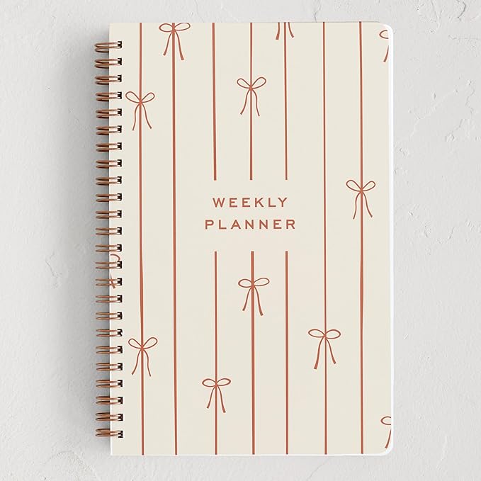 Minted Red Lines of Bows 2026 Weekly & Monthly Undated Planner, 5.5" x 8.5" Minimalist Spiral Bound Planner Notebook, 132 Pages, Elegant Red Pattern Undated Calendar Organizer