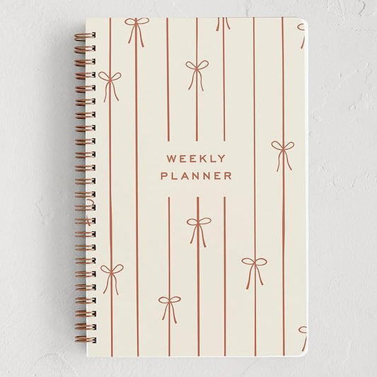 Minted Red Lines of Bows 2026 Weekly & Monthly Undated Planner, 5.5" x 8.5" Minimalist Spiral Bound Planner Notebook, 132 Pages, Elegant Red Pattern Undated Calendar Organizer