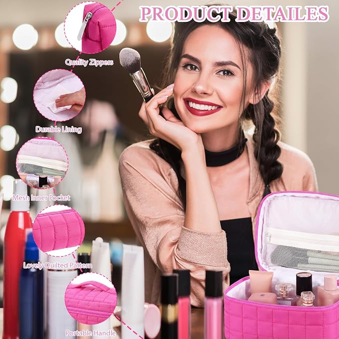 Huhumy 3 Pcs Large Puffy Makeup Bag Set Quilted Cosmetic Pouch for Women Cute Checkered Travel Toiletry Bag Puffer Makeup Organizer Purse Pouch Preppy Pencil Case with Zipper Valentine Gift (Hot Pink)