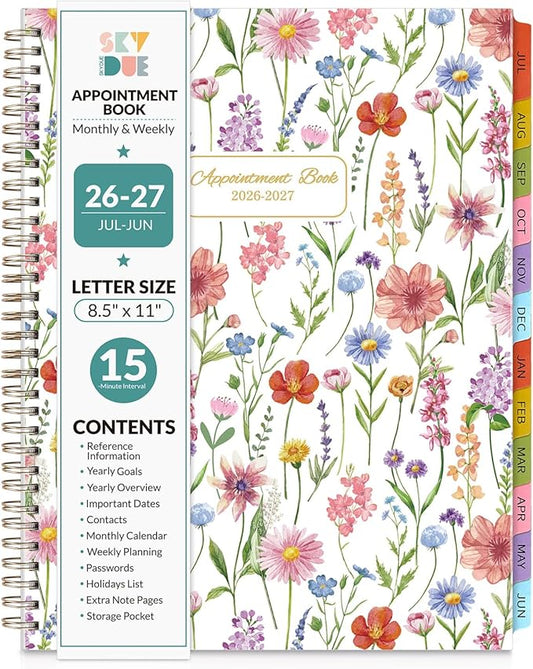 SKYDUE Appointment Book 2026-2027, Academic Hourly Planner from July 2026 - June 2027, 8.5" x 11" Weekly & Monthly Schedule Planner with 15-Minute Interval- Perfect for Daily Planning White Flower