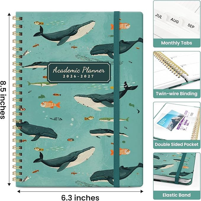 Planner 2026-2027, Academic Year Monthly and Weekly Calendar Planner, Jul 2026 - Jun 2027, Hardcover Teacher Student Planning Agenda book with Tabs, Perfect for School Office Supplies, 6.3" x 8.5" - Depths Whale