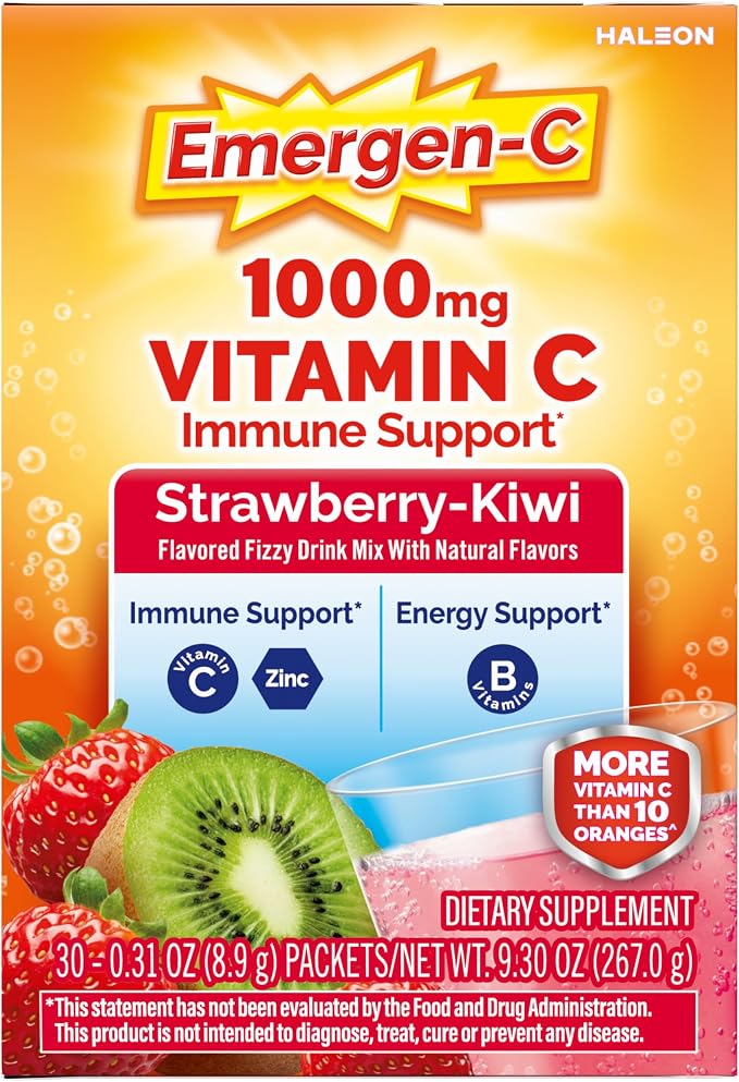 Emergen-C 1000mg Vitamin C Immune Support Powder Strawberry Kiwi 30CT includes Zinc, Manganese, 7 B Vitamins and Electrolytes for Back to School Essentials