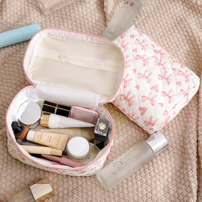 uekeboag Large Travel Quilted Makeup Bag for Women | Soft Floral Cotton Cosmetic Bag, Foldable Coquette Aesthetic Toiletry Organizer