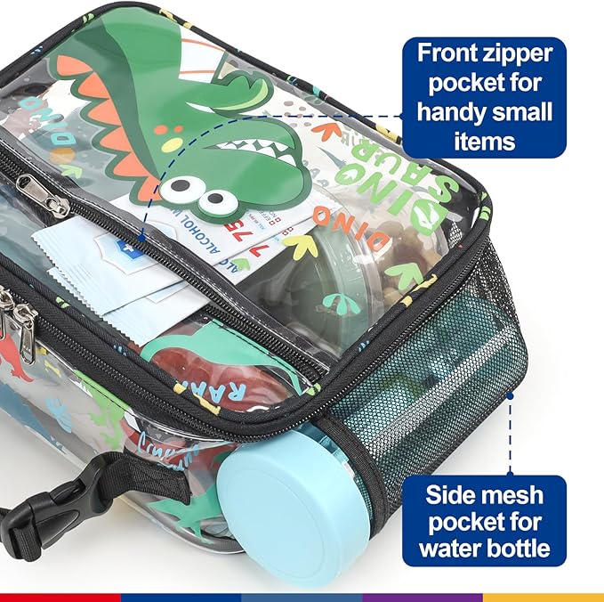 Bagseri Clear Kids Lunch Bags - Boys Lunch Box for School Reusable Snack Bag with Water Bottle Holder Stadium Approved Clear Bag, Black Cute Dinosaur
