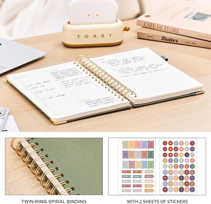 Ovesmusl Undated Daily Planner - 126 Days Hourly Schedule & To Do List - A5 PU Leather Hardcover Spiral Notebook planner with stickers, Metal Corner Protectors & Back Pocket for Work & School, Green