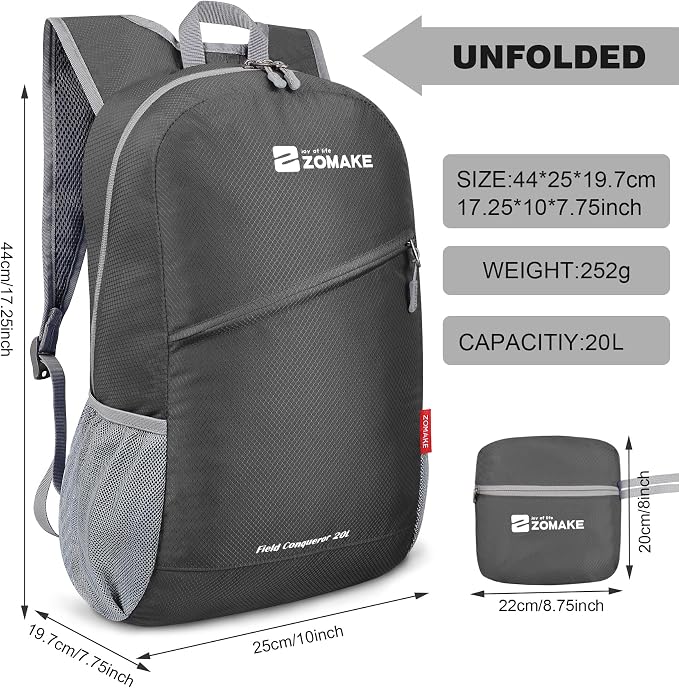 ZOMAKE Lightweight Packable Backpack 20L, Foldable Small Daypack for Hiking | Water Resistant Backpacks Day Bag for Travel Outdoor Camping Sport, Everyday Carry, Multi Compartment Storage(Medium Grey)