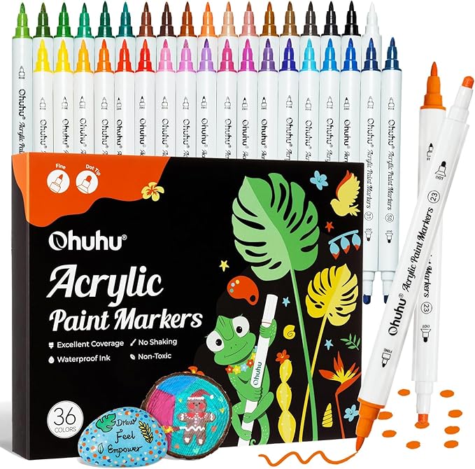 Ohuhu Acrylic Paint Markers Dual Tips: 36 Colors Fine & Dot Paint Pens High Opacity Acrylic Markers Water-Resistant Lightfast for Rock Painting 3D Prints Egg Wood Glass Ceramic DIY Crafts - Akaka