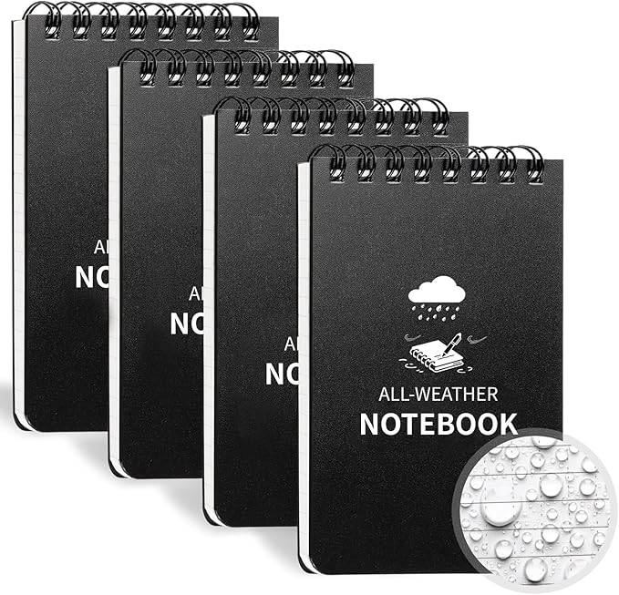 Waterproof Notebook, 4 Pack Pocket Notepad, 3" x 5" Top-Spiral Weatherproof NotePad, All Weather Police Pocket Notebook Mini Memo Steno Note Pads for Outdoor Office School Recording, Black