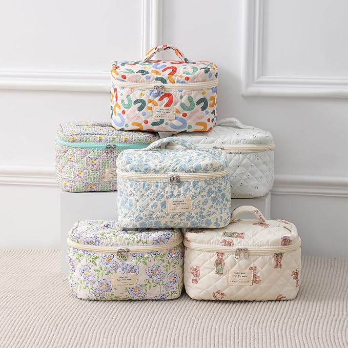 uekeboag Large Travel Quilted Makeup Bag for Women | Soft Floral Cotton Cosmetic Bag, Foldable Coquette Aesthetic Toiletry Organizer