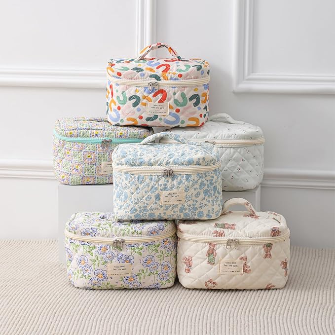 uekeboag Large Travel Quilted Makeup Bag for Women | Soft Floral Cotton Cosmetic Bag, Foldable Coquette Aesthetic Toiletry Organizer