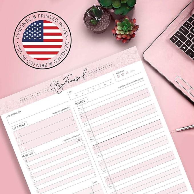 Daily Notepad Planner To Do Schedule - Stay Focused 50 Tear off Premium Made USA (Rose Pink)