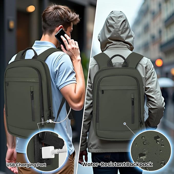 Business Backpack for Men Lightweight Commute Laptop Backpack Anti-Theft Water Resistant Backpack for 15.6 Inch Computer for Daily Office Work with Small Bag (Green, 15.6")