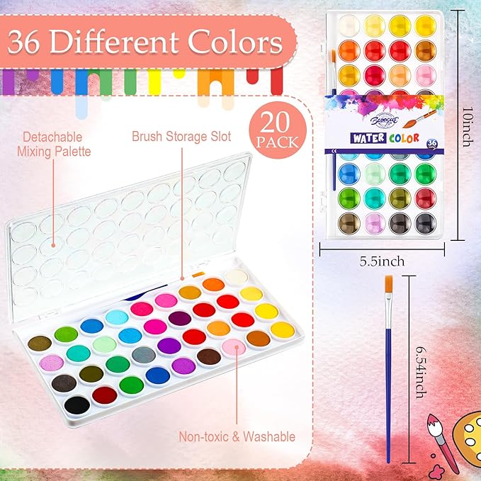 Nuanchu Gifts Bulk Watercolor Paint Washable Watercolor Paint Kits Palette and Brushes Portable Water Color Supplies for Adults, Beginners Artists Graduation Gift(20 Pack,36 Colors)