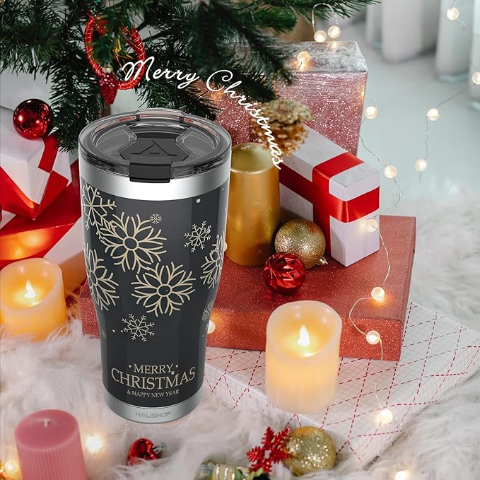 HAUSHOF 20oz Christmas Tumbler, Stainless Steel and Double Wall Insulated Travel Coffee Mug with Lid, Good Choice for Christsmas Gifts-Black with Snowflakes