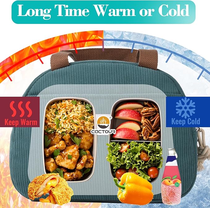 CaCTOUR Lunch Box Lunch Bag for Women Girls Teens, Cute Lunch Box Cooler Bag, Portable Small Insulated LunchBox Reusable Corduroy Lunch Tote for Work/Travel/Picnic/School (Lake Green)