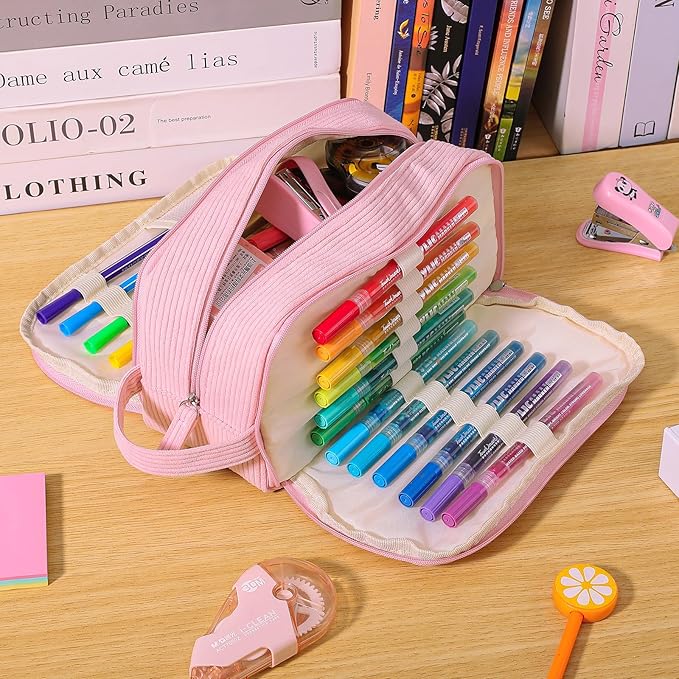 3 Compartment Pencil Case, Extra Large Capacity School Supplies Pencil bag with Easy Handle, Soft Corduroy Pencil Pouch, Aesthetic Supply Pen Case Bag Organizer For Teen Girls College (Blue)