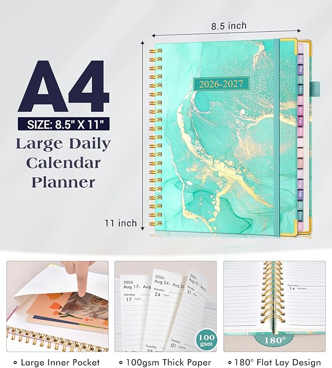 Academic Planner 2026-2027, 18 Months Weekly and Monthly Hardcover Planner, July 2026 - December 2027, 8.5" x 11" A4 Large Daily Calendar Planner Book with Tabs, Spiral College School Agenda Organizer for Student Teacher, Teal Marble