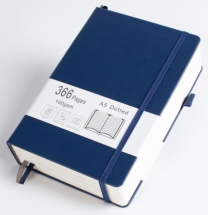 Thick Bullet Notebook with 366 Numbered Pages, A5 Dotted Journal for Writing with 100GSM Dot Grid Paper, Hardcover Leather Notebooks for Women Men School Note Taking Office Work Diary, 5.7"x8.3" Navy