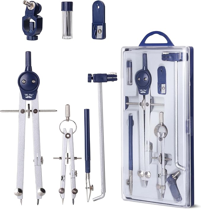 Mr. Pen- Professional Geometry Set, 7 pcs, Metal Compasses with Center Wheel & Extension Leg, Precision Drafting Kit with Storage Box for Geometry, Technical Drawing, Engineering & Architecture