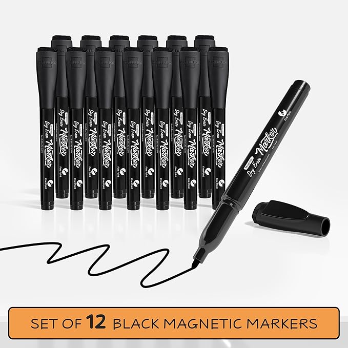 Scribbledo 12 Pack Magnetic Dry Erase Markers Black Fine Tip Whiteboard Markers with Eraser Cap Thin Low Odor Skinny White Board Markers for Adults Students Teachers Art Home School & Office