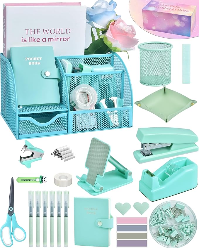 Green and Blue Desk Accessories, 26Pcs Office Supplies and Desk Organizers, with Tape Dispenser, Stapler, Staple Remover, Ect, Gift Box Packaging