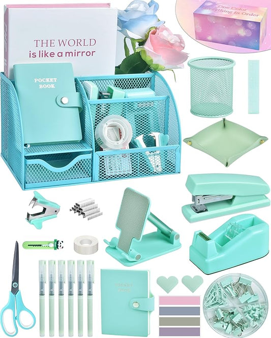 Green and Blue Desk Accessories, 26Pcs Office Supplies and Desk Organizers, with Tape Dispenser, Stapler, Staple Remover, Ect, Gift Box Packaging