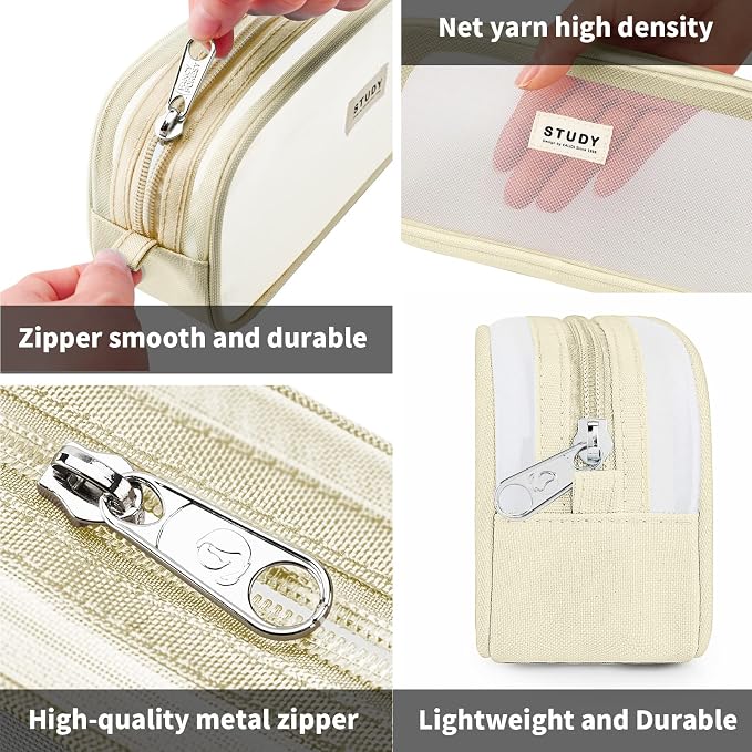 KALIDI Grid Mesh Pencil Case Pouch Large Capacity Pencil Bag with Zipper | Pencil Pouch Khaki Simple Stationery Bag Aesthetic Pen Bag for School Teen Girl Boy Multi-Purpose Bag for Office Men Women