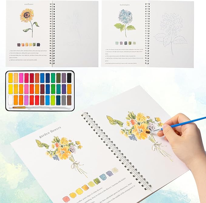 Spiral-Bound Watercolor Workbook with Guided Flower Illustrations – Beginner Painting Practice Book with Themed Sketch Pages, Includes 36 Color Watercolor Set & Brushes (Flowers)