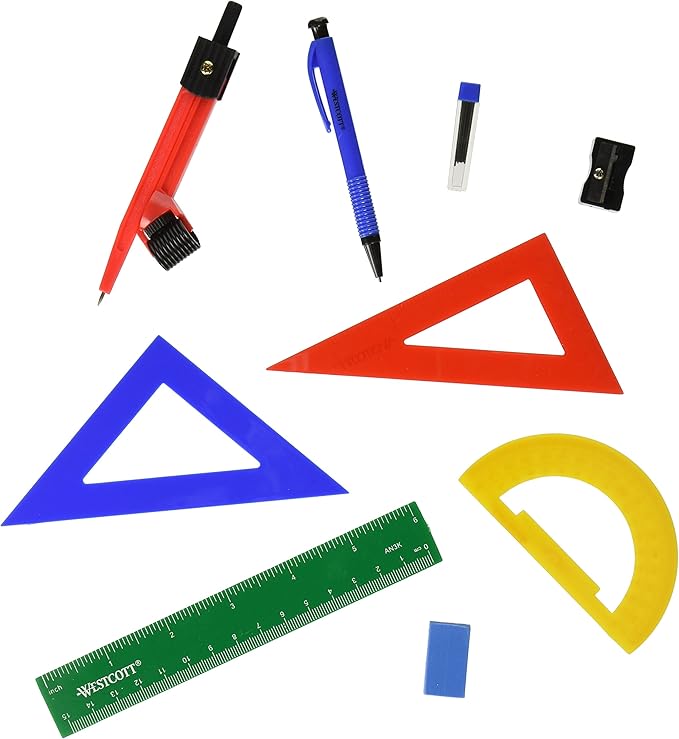 Westcott Ten Piece Math Tool Kit, Assorted Colors